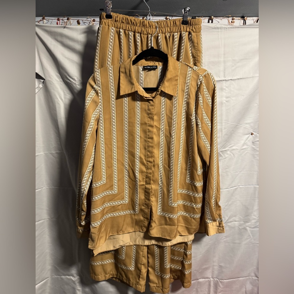 Modern Works Women's Tan Geometric Button Down Shirt and Pants Suit